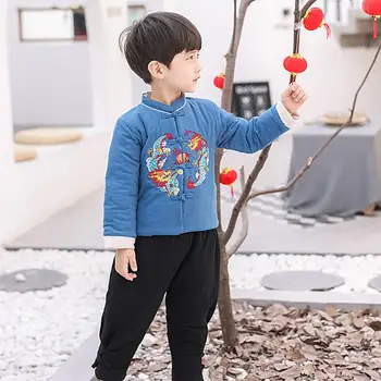 1 komplet Dječji Novogodišnji Kostim za Dječake u stilu Tang, Pamučno Kaput s Vezom u Kineskom stilu, Komplet s Dugim Pidžame, tradicionalne kineske odjeće za muškarce