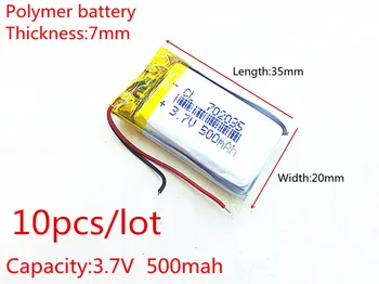 10 kom./lot Polimer baterija 500 mah 3,7 U 702035 pametna kuća MP3 zvučnike Litij-ionska baterija za dvr, GPS, mp3, mp4, mobitel, dinamika