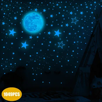 1049 kom. Plavo Svjetlo Mjeseca Zvijezde Svijetle U Mraku Naljepnice Za Zid Za Djecu Dječje Sobe Spavaća soba Strop Home Dekor Sjajne Naljepnice
