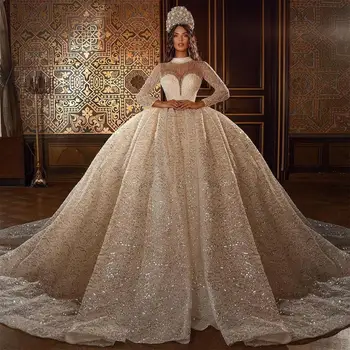 2021 Dubai Luksuzne Svadbene Haljine Plus Size Čipke Šljokicama Katedrala Vjenčanice Po Mjeri Dugih Rukava Vintage vestido de novia