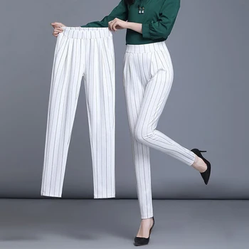 2021 Nove Proljetne ženske Hlače za Proljeće Ljeto ženske sportske hlače s Visokim Strukom Pamučne i Lanene Bijele Crne Prugaste Ženske hlače Hlače