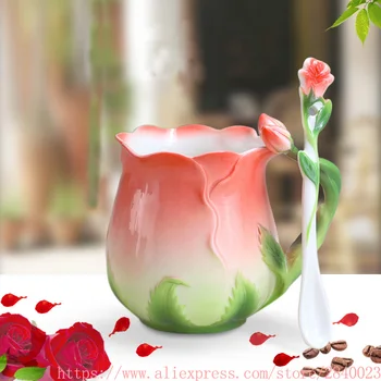 3D Emajl Kava Bubalo s Cvijetom Ruže, Set Šalica Za Čaj I Mlijeka Sa Žlicom, Kreativno Keramičke Posuđe Od Kost Kina, Poklon Za Valentinovo