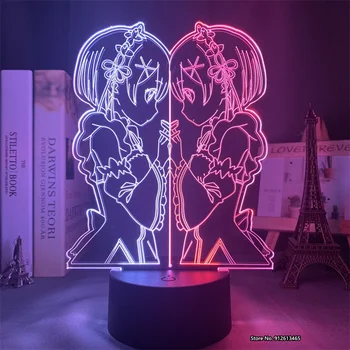 Anime Rem i Ram od Re Zero Početi živjeti u nekom drugom svijetu 3d Led fluorescentna svjetiljka Soba je Ukrašena Ночником