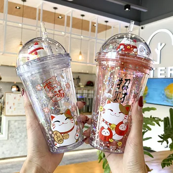 Boca Za Vodu Lucky Mačka Sa Slamom, Japanski Pink Slatka Čaša S Ledom, Kreativna Dvostruke Stijenke Za Djevojčice, Pokloni Za Piće