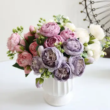 Buket Piona Umjetno Cvijeće, Šarene Svilene Ruže Lažni Cvijeće Dekoracija Vjenčanje Buket za Diy Uređenje Doma I Vrta