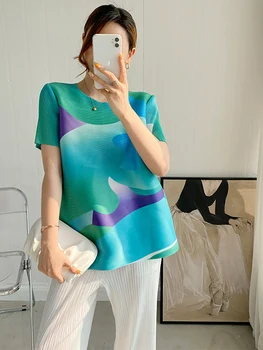 Delocah/ Visokokvalitetna Godišnja Ženska Moderan Dizajn Majica Kratkih Rukava, Šarene Prelamali Majice S Geometrijskim Po Cijeloj Površini, Tanke Besplatne Majice