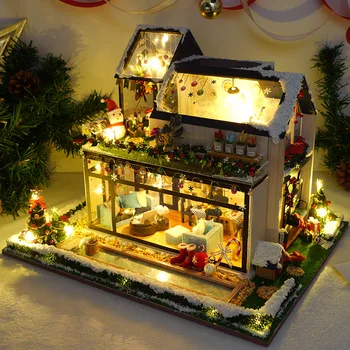 DIY Drvene Božićne Lutkarske Kuće Minijaturni Construction Kit S Namještajem Europska Kuća Lutaka Casa U Prikupljanju Igračaka za Odrasle Pokloni