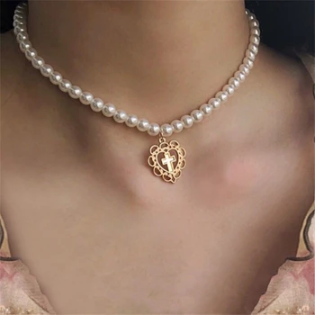 Elegantan Šuplje Srce Privjesak Križ Lanca I Ogrlice Imitacija Bisera Perle Ogrlice Za Žene Ključne Kosti Lanca Nakit Pribor Pokloni
