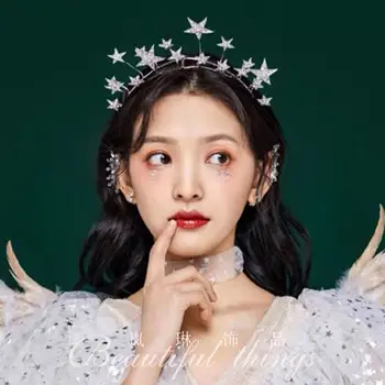 Fantastična Crown Korejski Stil Slatka Kristalna Zvezda Vjenčanje Je Kruna Sa Štrasom Traka Za Kosu Pokrivala Za Glavu, Vjenčanje Pribor Za Kosu Obruč Za Kosu