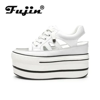 Fujin/ Cipele ravnim cipelama na platformu i Petu povećane visine, Ženske Ljetne Sandale i Otvorene Cipele od prave Kože na Танкетке sa Uvezivanje Tenisice
