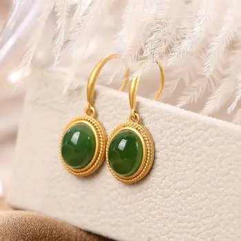 Jesen je novi stil staro zlato zanat prirodni Хотан žad zelena ovalni naušnice fin luksuzne ženske srebrni nakit