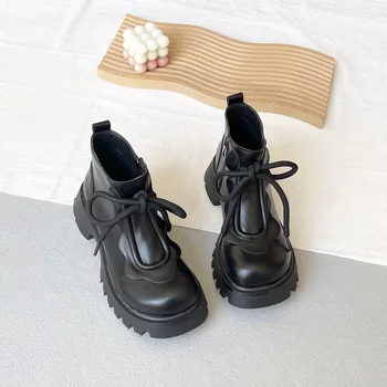 Jesensko-zimske smeđe cipele Martin s okruglim vrhom i lukom crne boje u debelim potplatima s patent-zatvarač, japanske ženske cipele