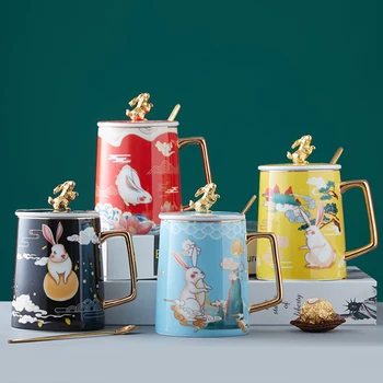 Kava Bubalo s Cartoonish Zečica, Kineski Stil, Keramike Čaj s Mlijekom, Kava Šalica, Uredski Jednostavna Šalice Vode sa Žlicom i Poklopcem, Bubalo, Poklon Kutija