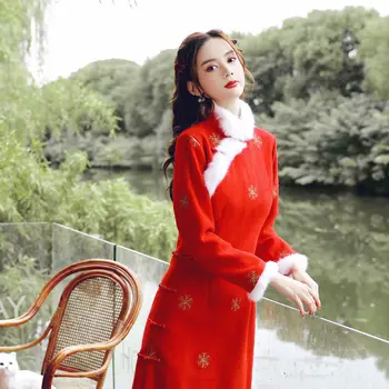 Kineski stil Qipao Popravio Cheongsam Zima 2021 Novi Mladih retro Modni crvenu Haljinu za djevojčice s dugim rukavima, Moderno donje Haljina