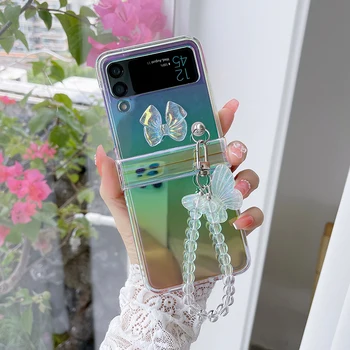 Laserski Gradient Rainbow Torbica Za Telefon Samsung Galaxy Z Flip 4 3 5G Leptir Kristalna Narukvica Zglob Potpuna Zaštita Prozirna Torbica