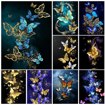 Leptir 5D Diamond Slikarstvo Plava Zlatna Leptir Diamond Mozaik Setovi Za Crtanje Potpuna Bušilica Gorski Kristal Vez DIY