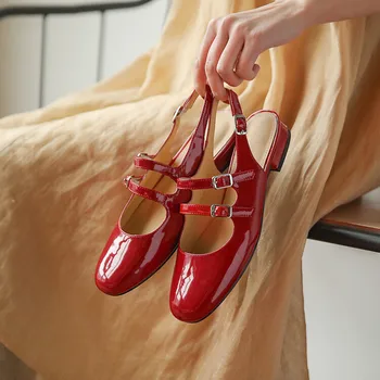 LeShion Of Chanmeb/ Ženska obuća ravnim cipelama sa remenom na ravne cipele od lakirane kože Kravlja koža s nekoliko izvijen, proljeće-ljeto ženska Crna, Crvena Модельная Casual cipele