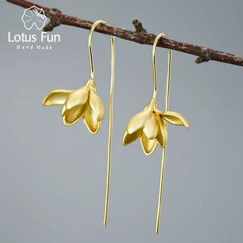 Lotus Zabava Pravi Naušnice Od 925 Sterling Srebra, Dizajnerske Fin Nakit, 18-Karatno Zlato, Elegantne Viseće Naušnice s Cvijeta Magnolije za Žene