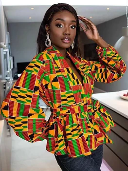 Majice s po cijeloj površini u Afričkom stilu za Žene, Kardigan s V-izrez i Rukava-svjetiljku, 2022, Jesen Odjeća u Afričkom Stilu Dugih Rukava, Velike Dimenzije