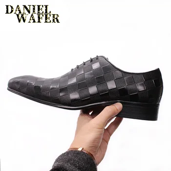 Moderna Muška obuća, Luksuzne muške Cipele-Oxfords, Modeliranje Cipele Od Prave Kože, Crnci Kariranih Grafike, Vjenčanje Uredski poslovni službene Cipele čipka-up
