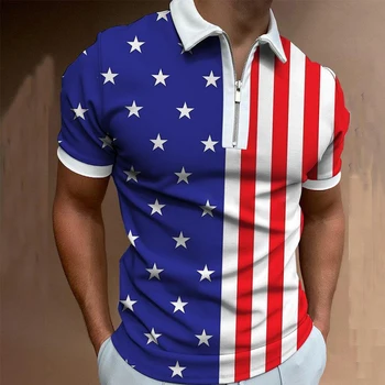 Moderna muška odjeća, Polo Majice, Ulica Majica Sa po cijeloj površini Američke Zastave, Casual Majica Kratkih Rukava, Muška Majica S Odbačenost Ovratnik, Majice polo Munje