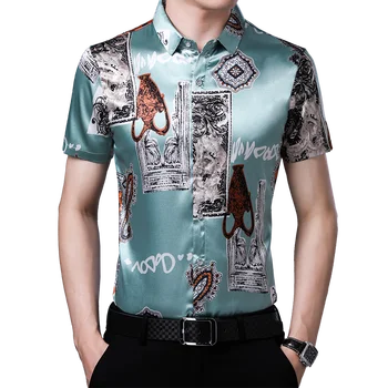 Muška Svilene Košulja Ljetna Svilene Odjeće S Cvjetnim Ispis Moderna Muška Satin Svilene Majica Kratkih Rukava
