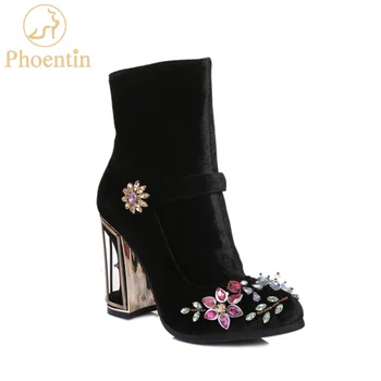 Phoentin/crne ženske cipele s cvjetnim uzorkom i šljokicama za vjenčanje ženske čizme u retro stilu, kavez, baršun cipele na visoku petu munje, FT466