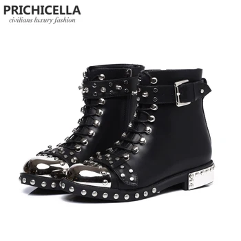 PRICHICELLA/ kvalitetne crne čizme na ravne cipele od prave kože sa zakovicama na čipka-up, zimske moto čizme