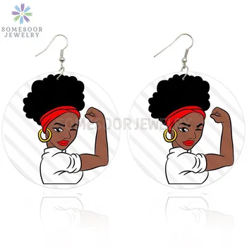 SOMESOOR S Obje Strane Tiskane Jake Afro Ljepota Drveni Viseći Naušnice Crna Snaga Šake Dizajn Petlje Viseći Ukras Za Žene Poklon