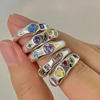 Stari Srebrni Prsten s kubični cirkon, Otvoreni Prsten za Žene, Jedinstveni Dizajn, Šarene Srce, Geometrijski Crystal, Casual Odjeća, Nakit Veleprodaja