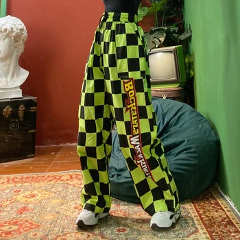 Ulični hip-hop Харадзюку Klasicni šahovskoj ploči lijep slobodan kombinezon veličine sa širokim штанинами proljeće ženske, muške hlače