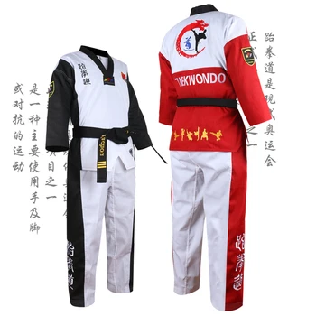 Visokokvalitetna Crna Crvena Obrazac za taekwondo Trening Odijela za Taekwondo s Vezom, Пумсе Добок Odobreno WTF Veličine 160-190 cm, Setovi