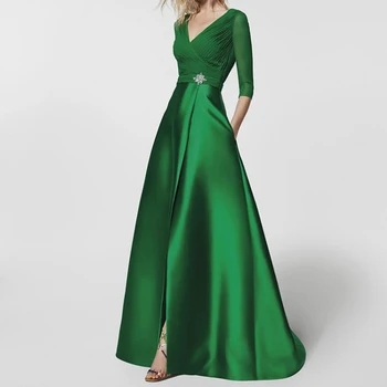 Zelena elegantan haljinu za majku mladenke s V-izrez i 3/4 rukava, Večernja vjenčanicu trapeznog oblika s prorezom sprijeda, dužine do poda
