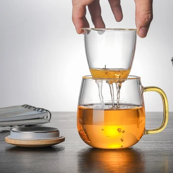 Šolja Za Varenje Čaj Od Borosilikatnog Stakla, Čaša I Transparentan Ručka Filter, Bambusa Poklopac, Otporna Cvjetni Čajna Šalica