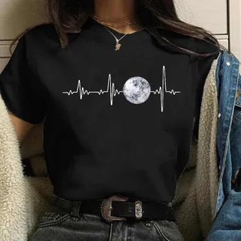 Ženska t-shirt оверсайз, Crna Ženska Casual majica Okruglog izreza i po cijeloj površini Mjeseca, ženska ulica majica sa po cijeloj površini Lunarne Pomrčine