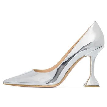 Ženske srebrne cipele-brod na visokim petama od 10 cm, s oštrim vrhom, ženske cipele bez spojnica, klasične večernje modeliranje cipele na petu cipele od lakirane kože, Velike Dimenzije