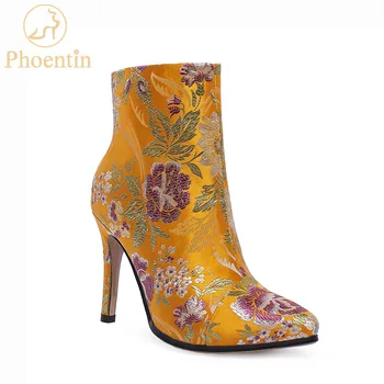Ženske čizme Phoentin s cvjetnim ispis, 2021 godine, ženske cipele na visoku petu-ukosnica s oštrim vrhom i bočni zatvarač zatvarač, velike dimenzije FT819