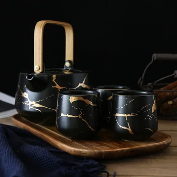Mramorni Potrošačke Čaj Japanskom Stilu, Crno-Bijele Keramičke Šalice za Popodnevni Čaj sa Postoljem od Bagrema i Мангиума, kuhalo za Vodu